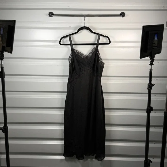 Vintage Black Lace Trim Pleated Slip Dress Midi Length Adjustable Straps Small - Picture 4 of 6